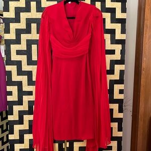 Red dress, size small but fits 0/00, chiffon at waist and cape sleeves
